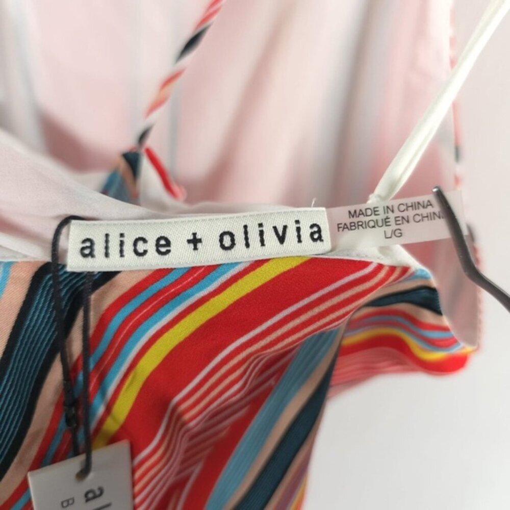 NWT Alice + Olivia Kalia Red Multicolor‎ Striped Halter Tieback Mini Dress LARGE - Picture 8 of 16